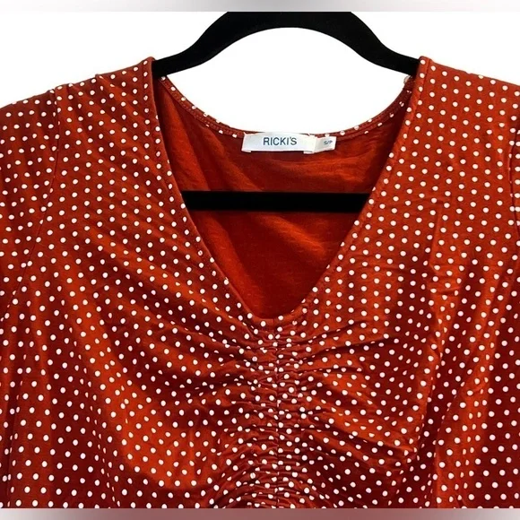 Sale RICKI'S Women's Blouse Size S Orange White Polka Dots 3/4 Length Sleeves - Picture 4 of 11